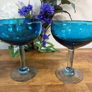 Hand Blown Blue Coupe Glasses Set of 2 – Biot France Style Bubble Stem Vintage